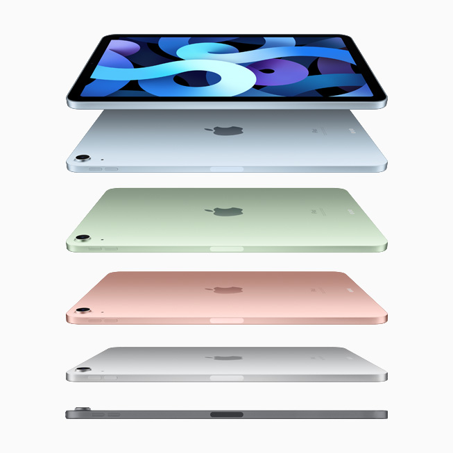 A family shot of the new iPad Air in sky blue, green, rose gold, silver, and space grey.