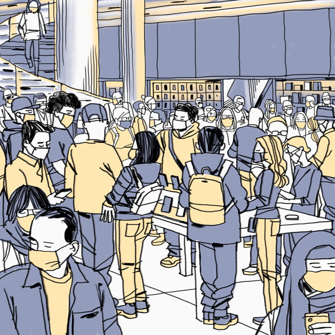 Grey and yellow illustration of the action inside Apple Fifth Avenue by Jorge Colombo, made on iPad mini.