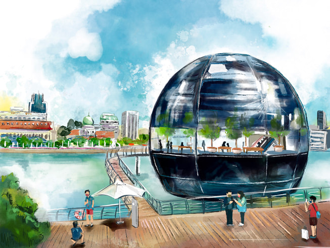 Kleurige illustratie van Marina Bay Sands, gemaakt door Tiffany Lovage op iPad mini.