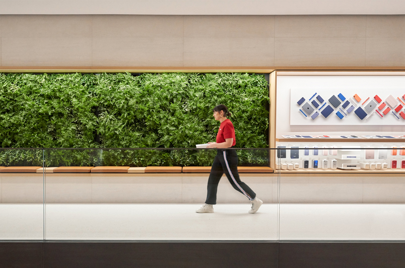 Un miembro del equipo Apple enfrente de un jardín vertical en Apple Champs-Élysées.