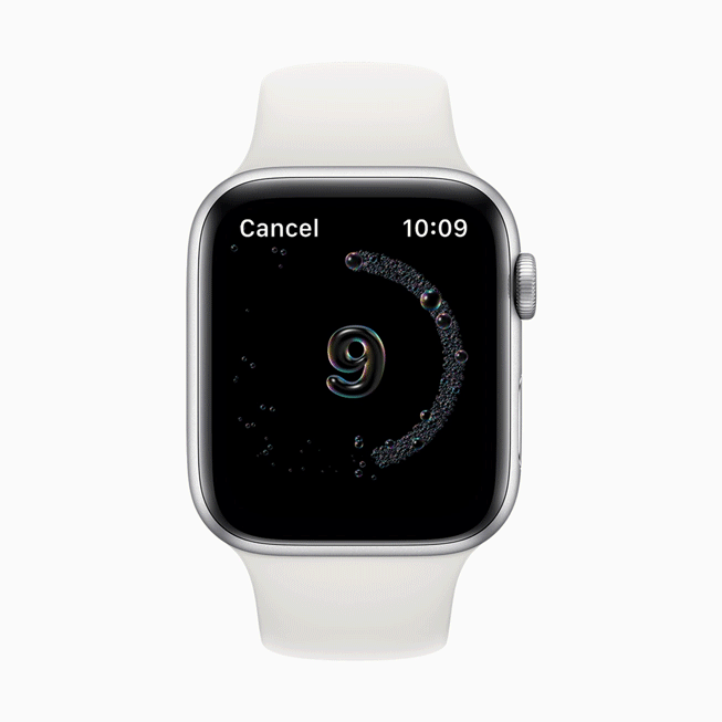 Apple Watch Series 5 上顯示的洗手偵測功能。