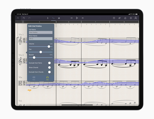 「StaffPad」アプリケーションを iPad Pro で表示している様子。