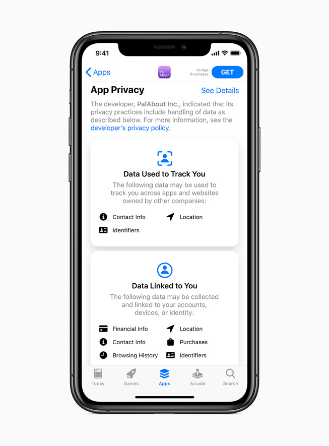 New privacy information in App Store displayed on iPhone 11 Pro.