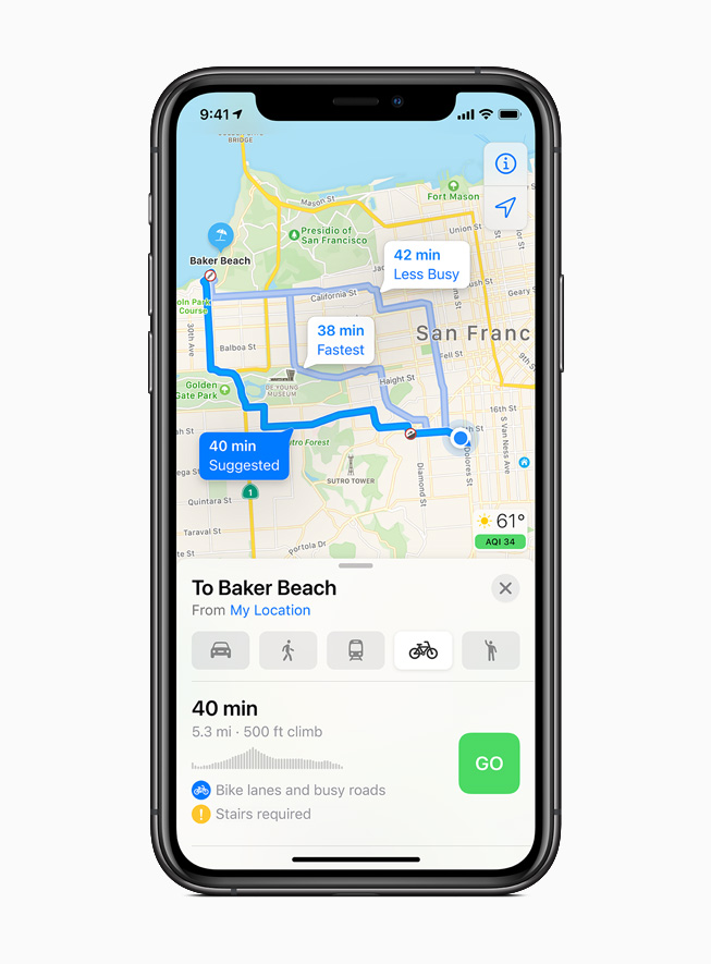 Les itinéraires à vélo affichés sur l'iPhone 11 Pro.