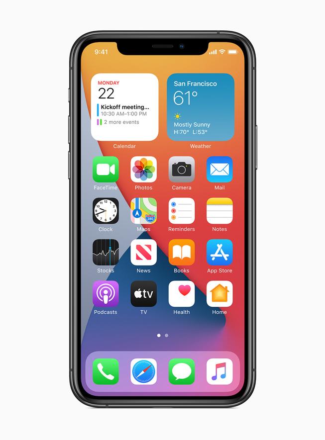 Widgets on the new Home Screen displayed on iPhone 11 Pro. 