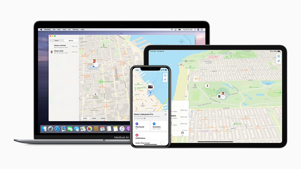 App Encontrar en una MacBook Pro, un iPad Pro y un iPhone 11 Pro.