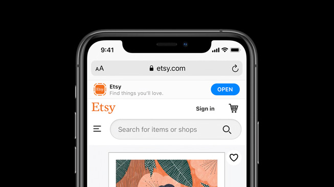 App Clip لموقع etsy.com معروض على iPhone 11 Pro. 