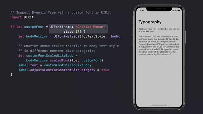 Lines of code are displayed next to an image of an iPhone 11 Pro whose screen shows a typography lesson.