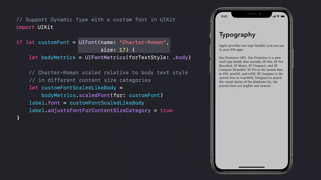 Rader med kod visas bredvid en bild på en iPhone 11 Pro där en typografilektion visas på skärmen. 