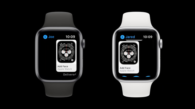 En Apple Watch Series 5 delar en urtavla med en annan Apple Watch Series 5.