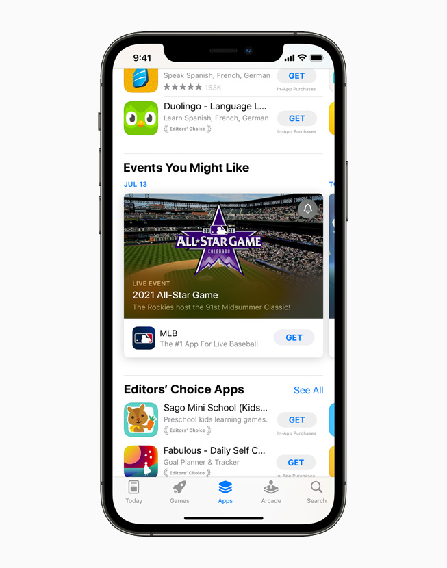 Editors’ Choice Apps e Events You Might Like na App Store, mostrados no iPhone 12 Pro.