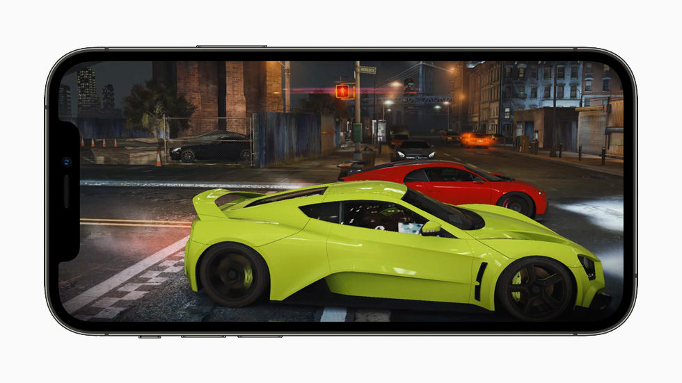 Improved gaming performance showcased on an iPhone 12 Pro.