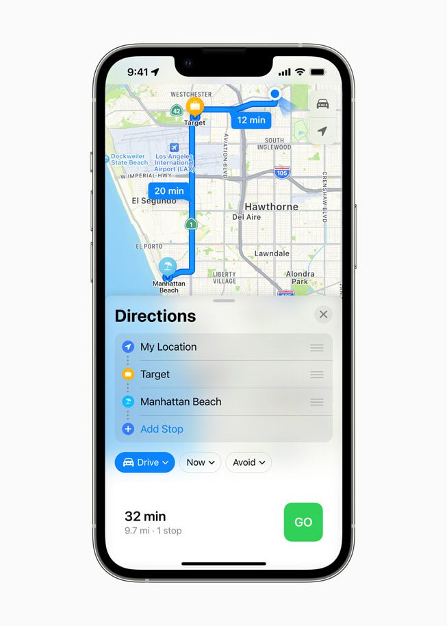 Apple Maps shows driving directions on iPhone 13 Pro.