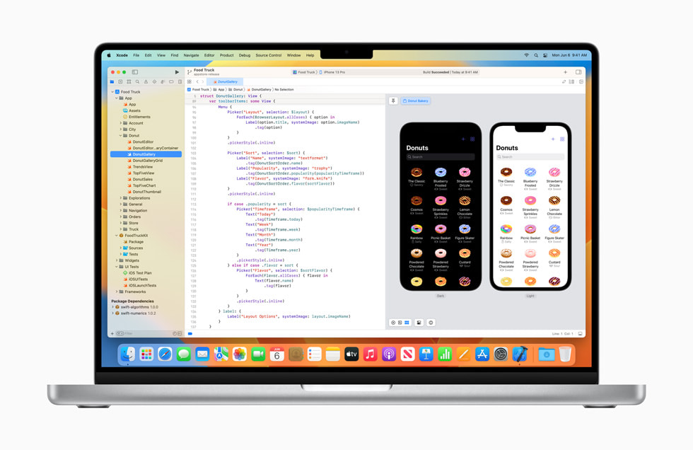 SwiftUI coding is shown on MacBook Pro.