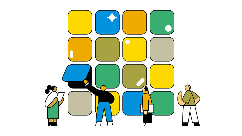 Illustration de quatre personnes examinant de près différentes apps.