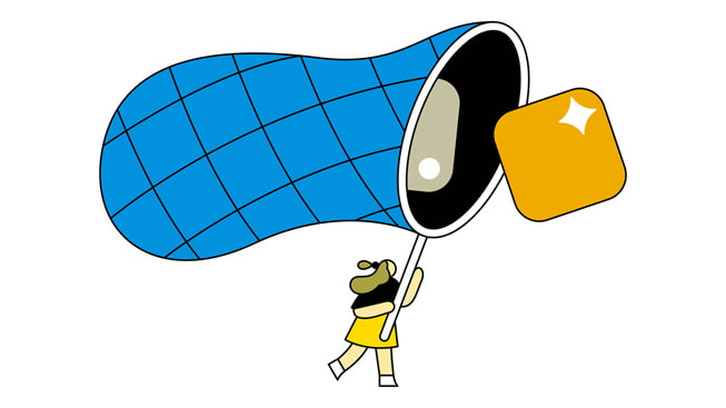 Illustration d’une personne utilisant une épuisette géante pour attraper des apps.