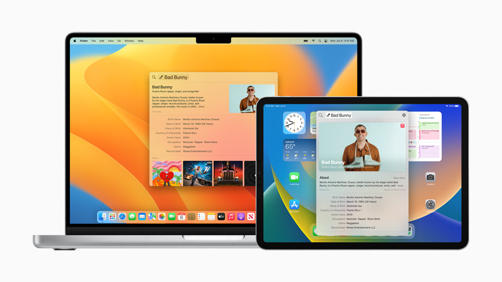 Spotlight 검색 결과를 보여주는 iPad 및 MacBook Pro.