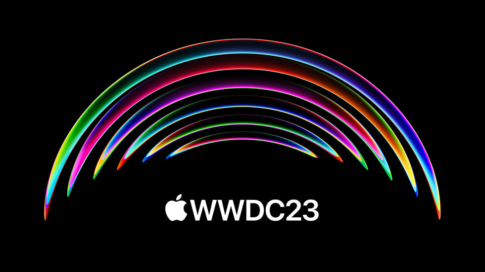 WWDC23이 표시된 Apple 로고를 보여주는 검은색 바탕에 메탈릭 레인보우 아트워크.