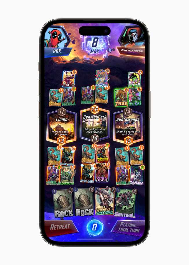 《漫威：瞬戰超能》顯示在 iPhone 14 Pro 上。