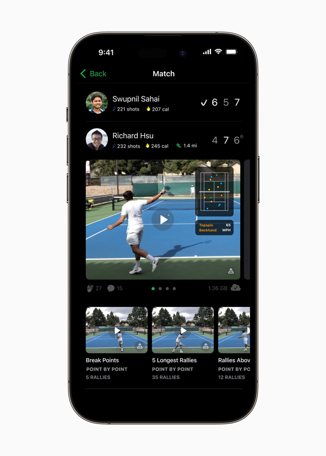 Na displeji iPhonu 14 Pro se zobrazuje aplikace SwingVision: A.I. Tennis App.