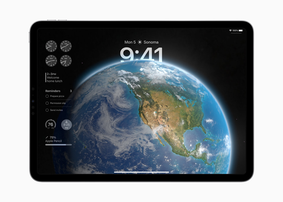 Das iPad Pro zeigt interaktive Widgets auf dem Sperrbildschirm an, der als Hintergrundbild ein Bild der Erde anzeigt.