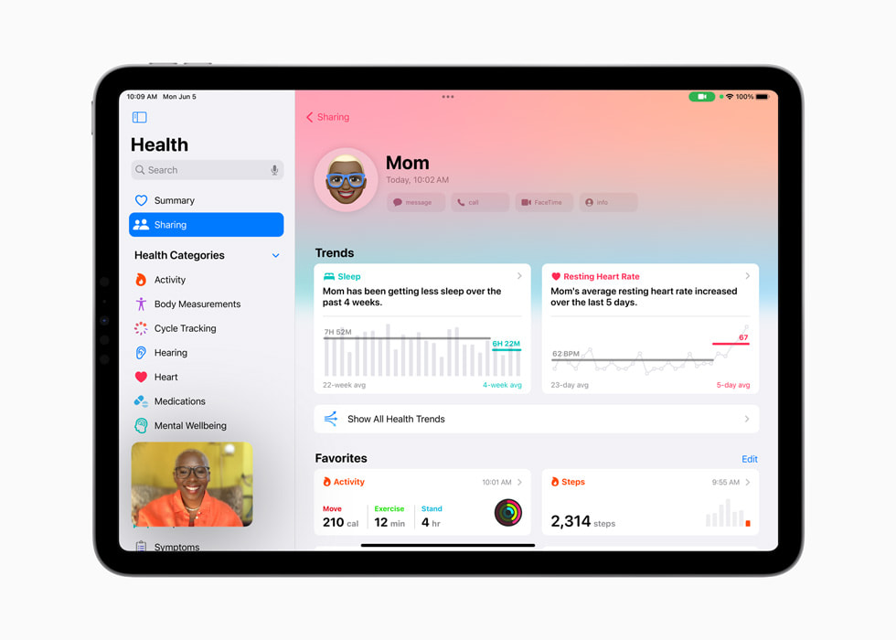 Das iPad Pro zeigt das Teilen in der Health App von „Mama“ an.