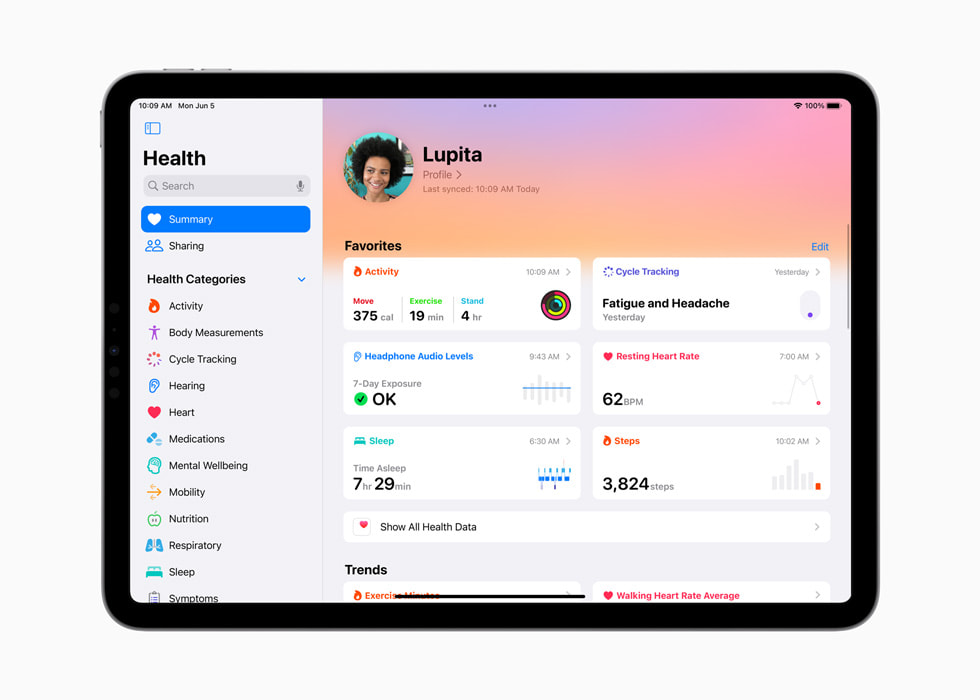 Un iPad Pro muestra un resumen en la app Salud con Favoritos, incluyendo Actividad, Control del Ciclo, Niveles de Audio de Audífonos, Frecuencia Cardiaca en Reposo, Sueño y Pasos. 