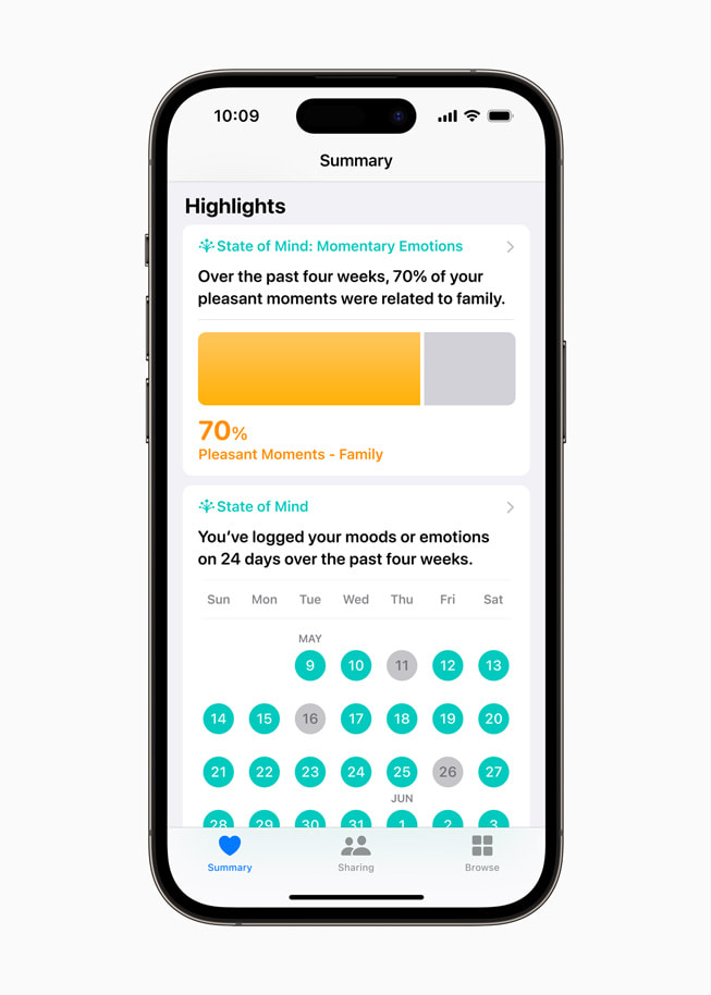 iPhone 14 Pro shows a summary of moods and emotions.