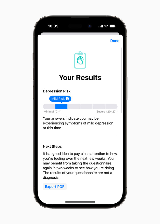 iPhone 14 Pro shows the results from a mental health assessment.