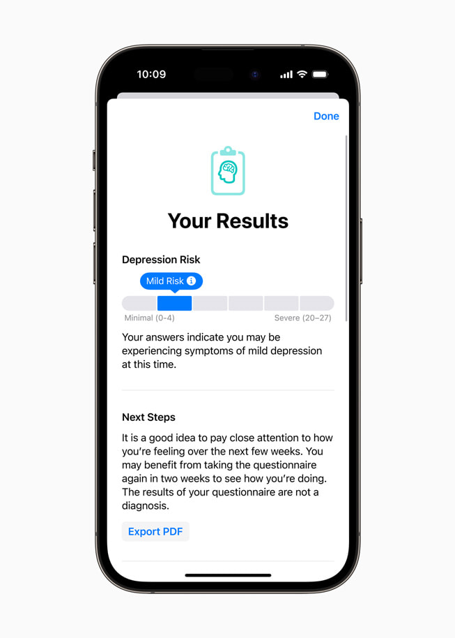 Resultatet av ett självskattningstest för psykisk ohälsa visas på iPhone 14 Pro.