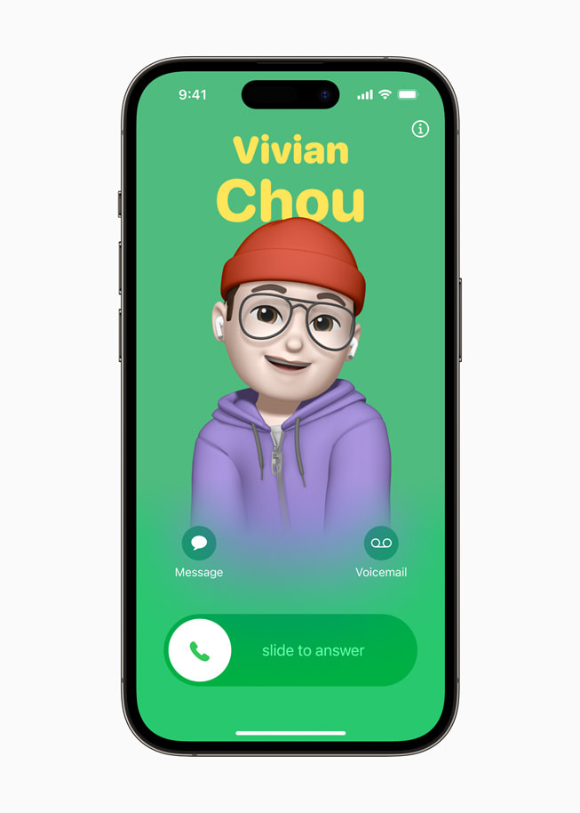 Plakat kontaktu dla użytkowniczki Vivian Chou pokazany na iPhonie 14 Pro.
