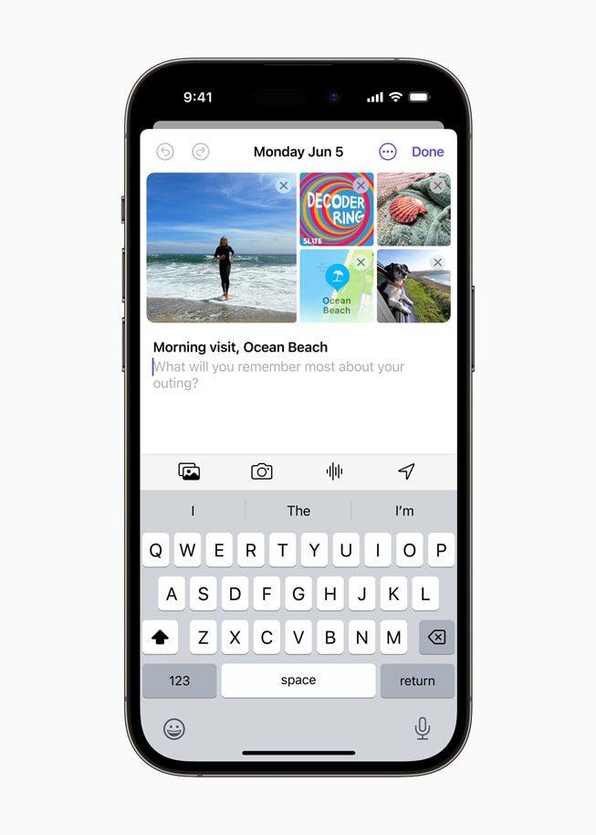 A user fills in a journal entry on their morning visit to Ocean Beach on iPhone 14 Pro.