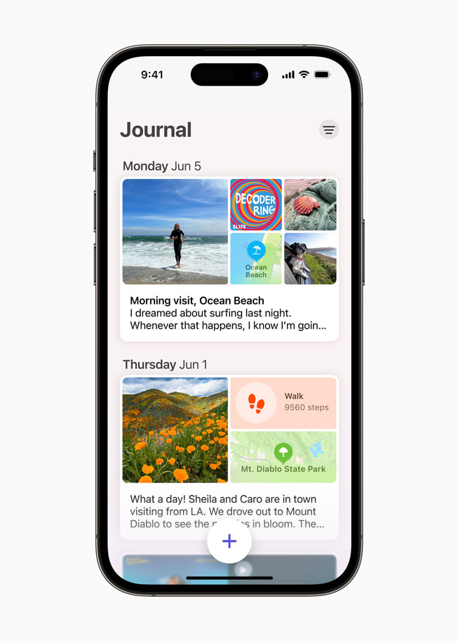 Wpisy użytkownika w aplikacji Dziennik pokazane na iPhonie 14 Pro.