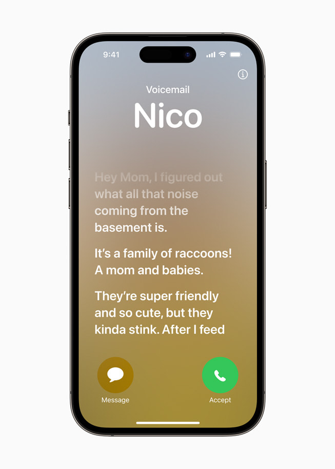 The transcription of a Live Voicemail from Nico is shown on iPhone 14 Pro.