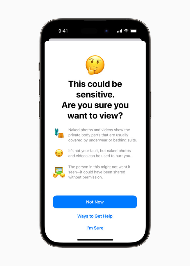 El Aviso de Contenido Delicado muestra una advertencia en el iPhone 14 Pro para indicarle al usuario que el contenido que recibió podría ser delicado y pregunta: ¿De verdad quieres verlo?