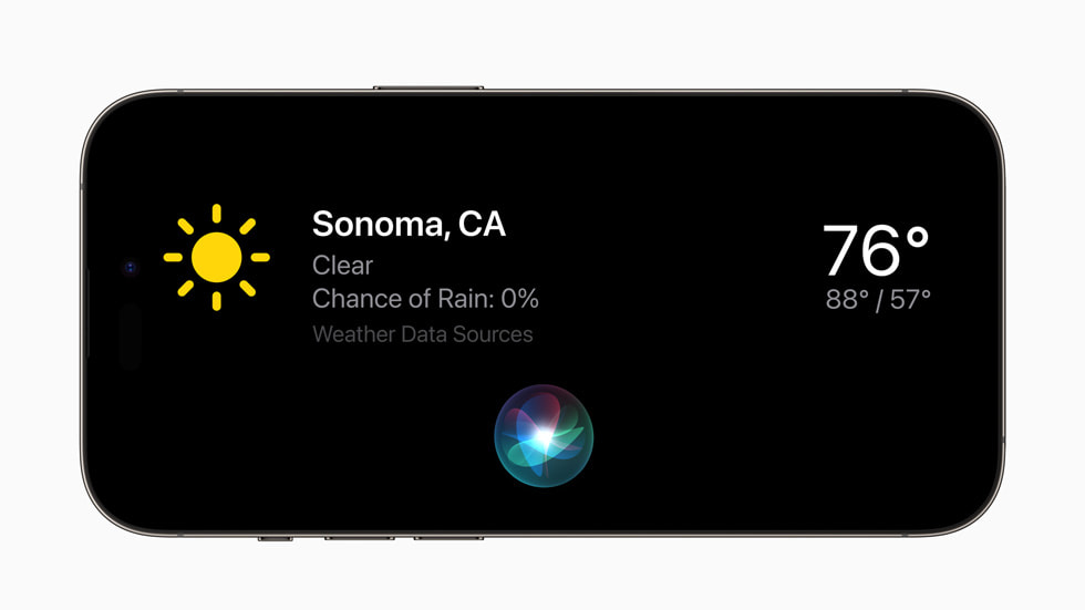Funkcja Stan gotowości w systemie iOS 17 na iPhonie 14 Pro. Widać informacje o pogodzie w miejscowości Sonoma w Kalifornii.
