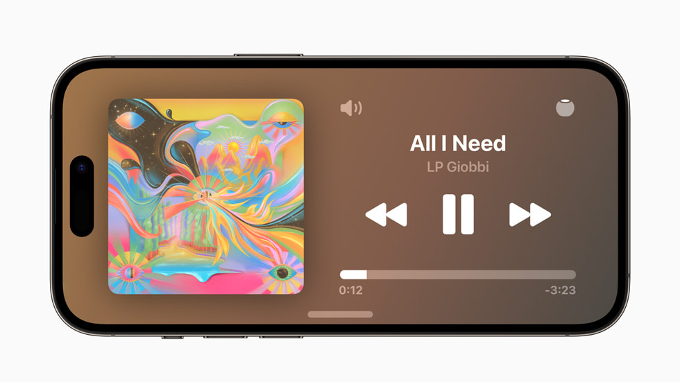 In iOS 17 on iPhone 14 Pro, the StandBy experience shows a song titled “All I Need” by LP Giobbi playing.