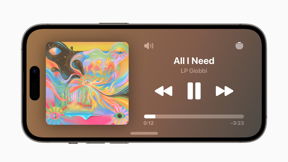 Pohotovostní režim s přehrávanou skladbou „All I Need“ od LP Giobbi na iPhonu 14 Pro s iOS 17.