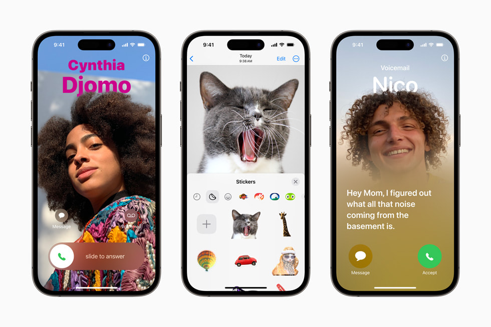 iOS 17에서 전화, FaceTime, 메시지의 업데이트된 경험을 보여주는 세 대의 iPhone 14 Pro.