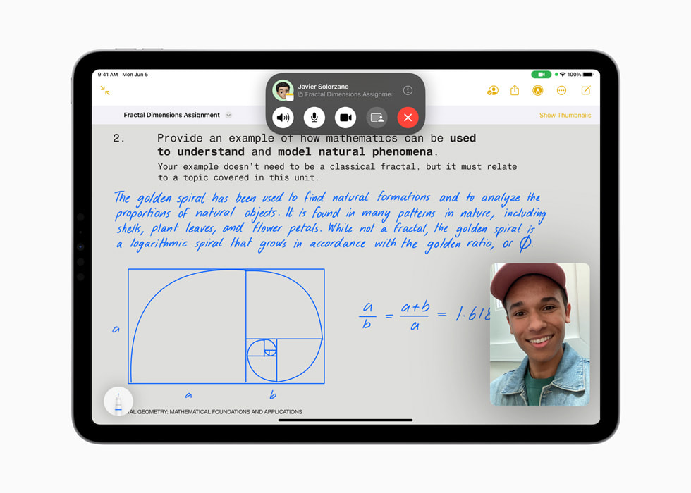 iPad Pro mostra una chiamata FaceTime e la collaborazione in Note.