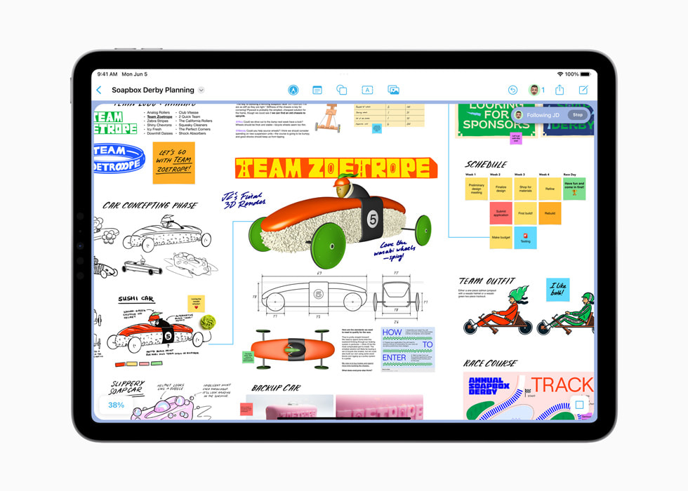 iPad Pro shows various illustrations and sketches, as well as collaboration, in Freeform. 