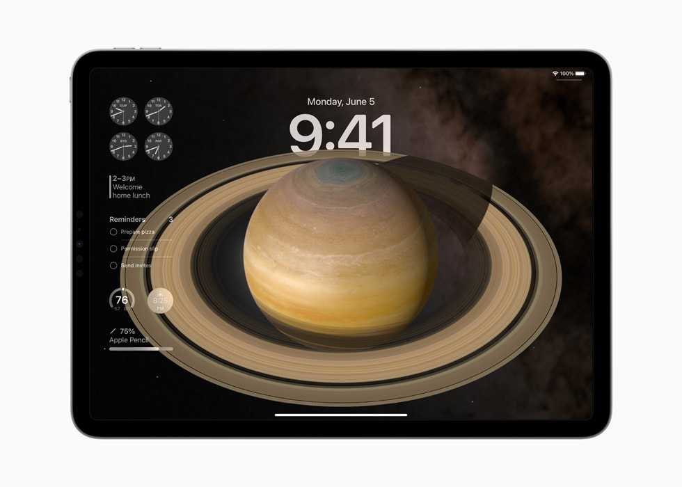 Ein iPad Pro zeigt interaktive Widgets auf dem Sperrbildschirm an.