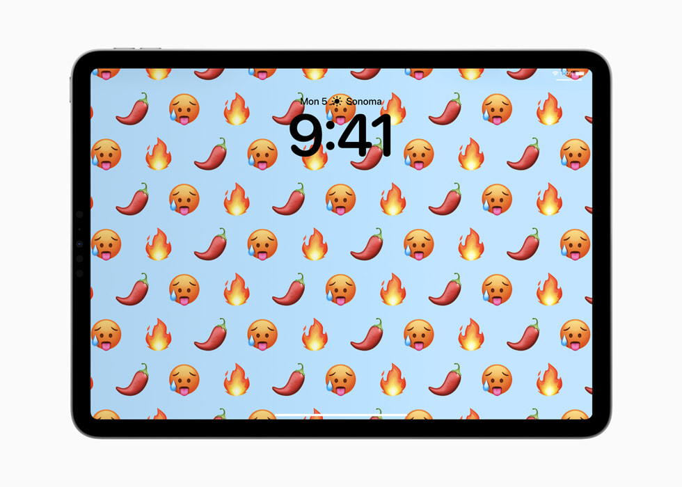 Ein iPad Pro zeigt die Emoji-Anpassung auf dem Sperrbildschirm an.