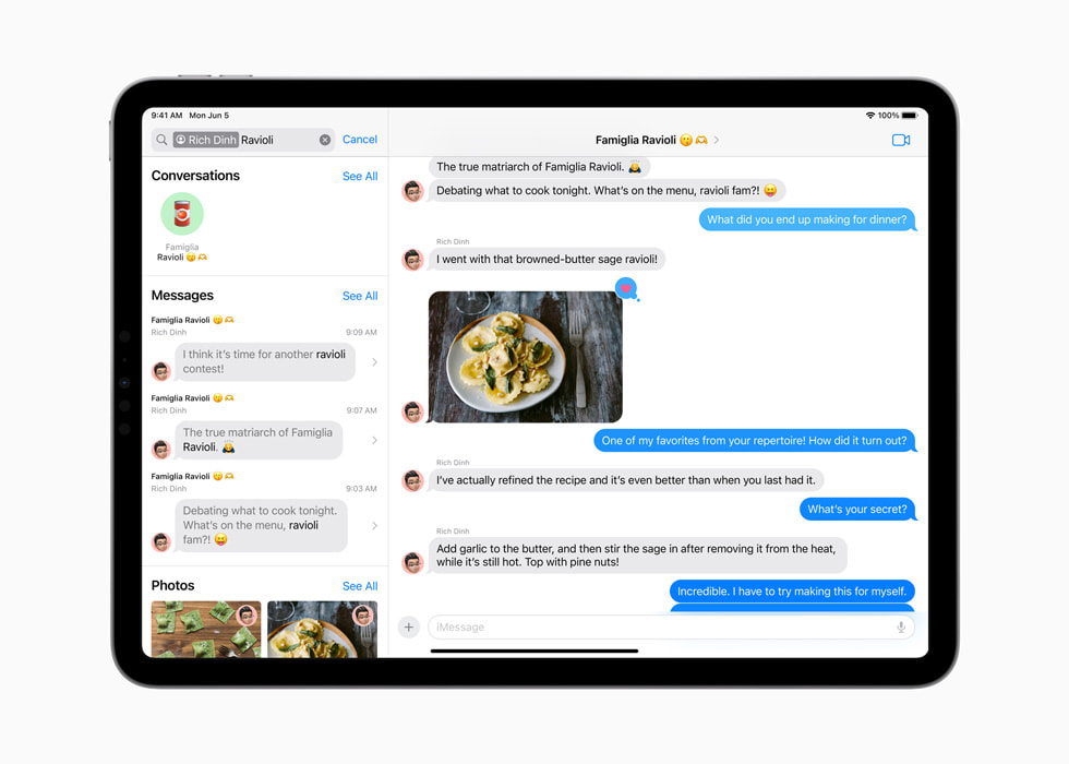 iPad Pro แสดงการค้นหาคำว่า "Ravioli" พร้อมกับชื่อ "Rich Dinh" ในแอปข้อความ