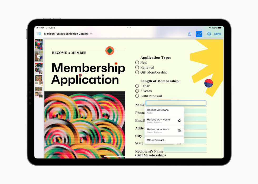 iPad Pro shows AutoFill in a PDF for a membership application.