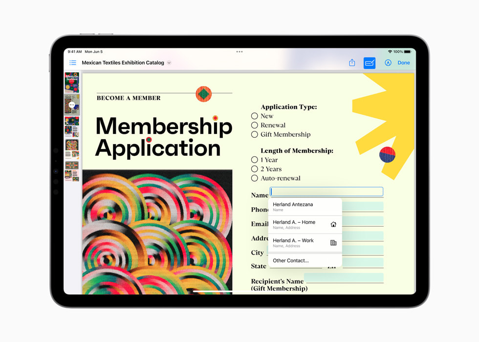 iPad Pro แสดงคุณสมบัติการป้อนอัตโนมัติบน PDF ของการสมัครสมาชิก