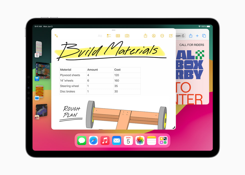 Un iPad Pro che mostra cinque diverse finestre aperte.