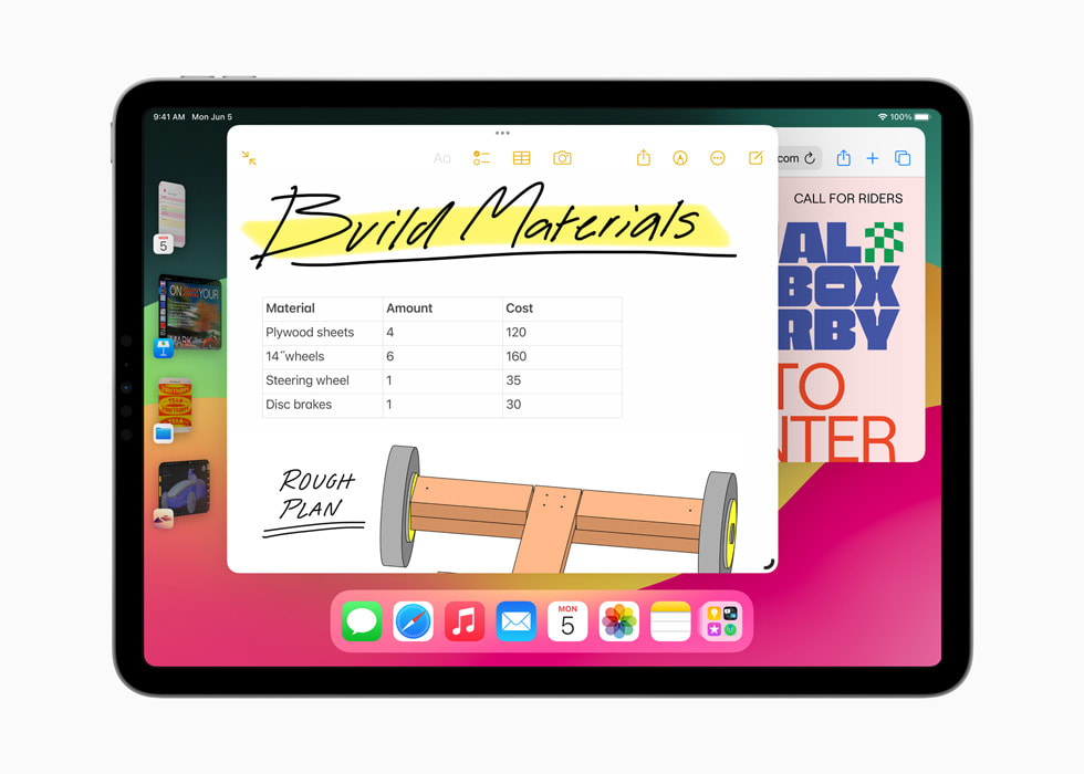 Un iPad Pro affiche cinq fenêtres ouvertes.