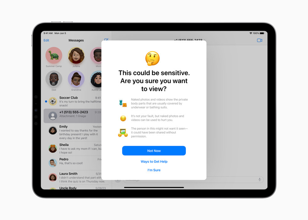 iPad Pro muestra una advertencia de contenido confidencial en Mensajes.