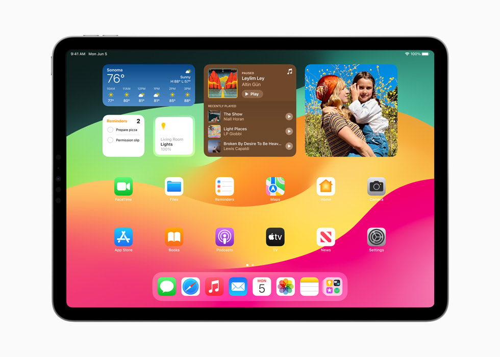 Un iPad Pro che mostra la schermata Home con alcuni widget.